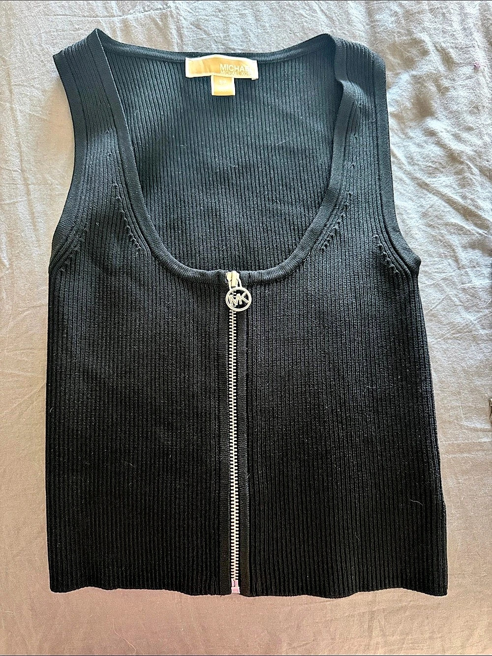 Michael Kors Ribbed Viscose Blend Zip-Up Tank Top Black Small